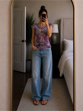 Y2K Purple Tattoo Print Boho Top Lace‎ Beading Women Small Fairy Grunge Coquette
